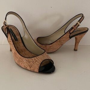 Bandolino Art Deco Cork & Black Trim Peep Toe Slingback Heels/Size 8M/EUC!